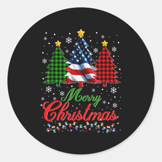 Merry Christmas Tree Plaid Us Flag Snowflake Xmas Ronde Sticker (Voorkant)