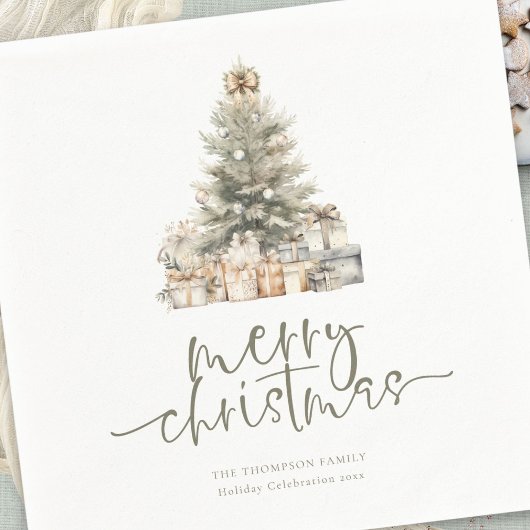Merry Christmas Tree Sage Script Naam Jaar Servet
