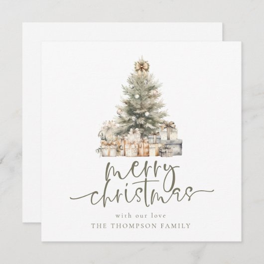 Merry Christmas Tree Script Square Feestdagenkaart (Voorkant / Achterkant)
