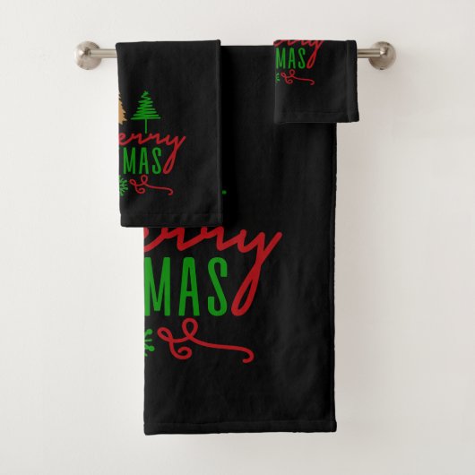 Merry Christmas Trees Text On Black Bad Handdoek (Insitu)