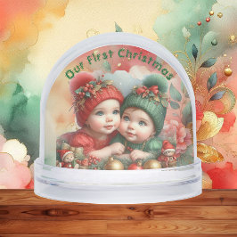 Merry Christmas Two Babies Family Photo Red Green Sneeuwbol