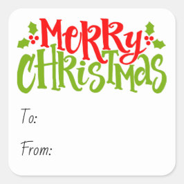 Merry Christmas Typography Red Green Holly Vierkante Sticker