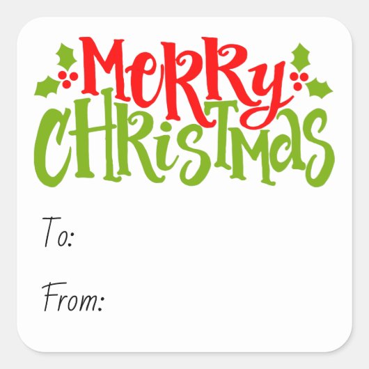Merry Christmas Typography Red Green Holly Vierkante Sticker (Voorkant)