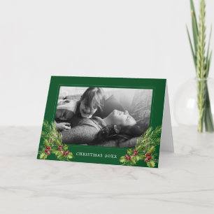 Merry Christmas   Watercolor Holly & Pines Feestdagen Kaart