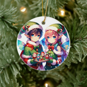 Merry Christmas Waterverf Anime Elves Personaliser Keramisch Ornament