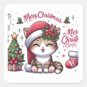 Merry Christmas Waterverf Cat Vierkante Sticker