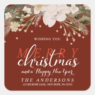 Merry Christmas Waterverf Flowers Retouradres Vierkante Sticker