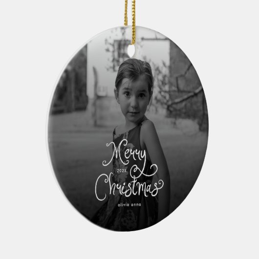 Merry Christmas Whimsical Script custom Photo Dog Keramisch Ornament (Rechts)