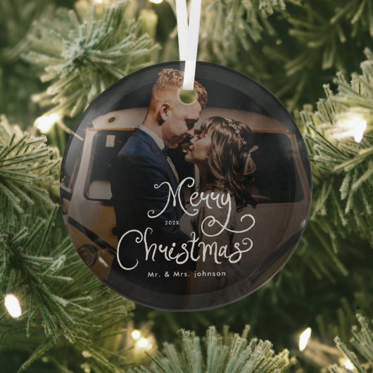 Merry Christmas Whimsical Script  Custom Photo  Glas Ornament (Insitu)