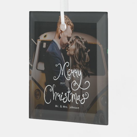 Merry Christmas Whimsical Script Custom Photo Glas Ornament (Voorkant links)