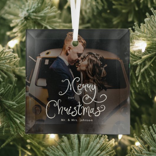 Merry Christmas Whimsical Script Custom Photo Glas Ornament (Insitu)
