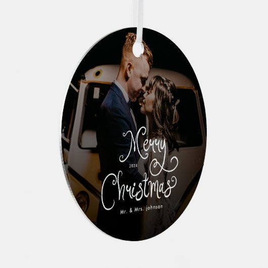 Merry Christmas Whimsical Script Custom Photo Metalen Ornament (Voorkant Rechts)