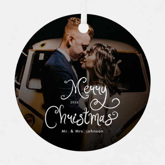 Merry Christmas Whimsical Script Custom Photo Metalen Ornament (Voorkant)