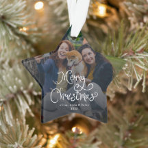 Merry Christmas Whimsical Script Family Photo Dog