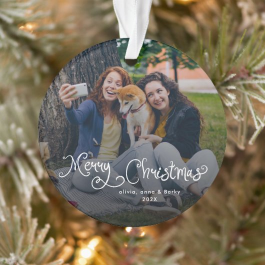 Merry Christmas Whimsical Script Family Photo Dog (Arbre)