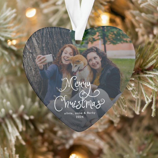 Merry Christmas Whimsical Script Family Photo Dog (Arbre)