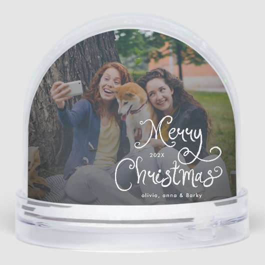 Merry Christmas Whimsical Script Family Photo Dog Sneeuwbol (Achterkant)