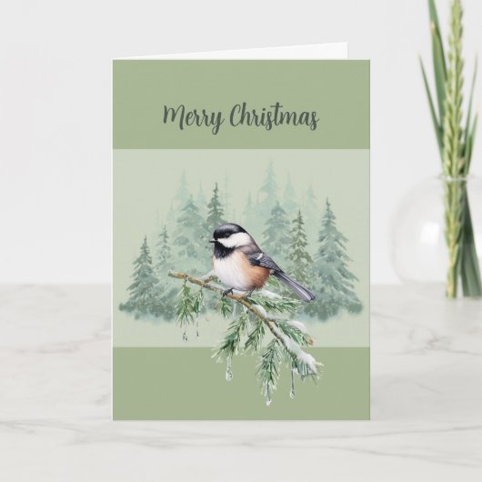 Merry Christmas Winter Spruce Tree Chickadee Feestdagen Kaart (Voorkant)