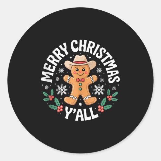 Merry Christmas Yall Gingerbread Cowboy Howdy West Ronde Sticker (Voorkant)