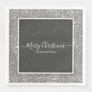 Merry Christmas zilver glitter grijs familienaam Servet