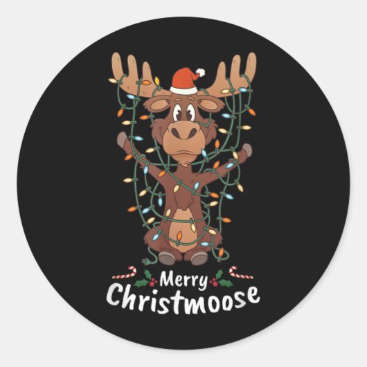 Merry Christmoose Christmas Moose Xmas Tree Lights Ronde Sticker (Voorkant)