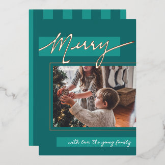 Merry Color Block Foil Holiday Photo Card Folie Feestdagenkaart