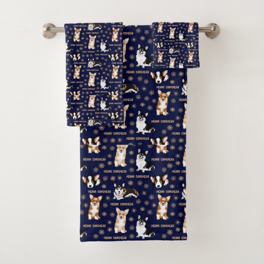 Merry Corgchaustekst - Kerstmis blauw patroon Bad Handdoek (Insitu)