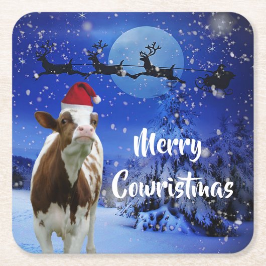 Merry Cowristmas Santa Koe Holiday Vierkante Kartonnen Onderzetter (Voorkant)