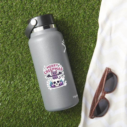 Merry Creepmas Cat Pastel Goth Christmas Skull T-S Sticker (HydroFlask Insitu)