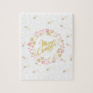 Merry Cristmas Wreath in Gold en Red Legpuzzel