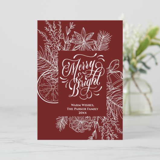 Merry en Bright Citrus Pine Tree Bough Red Simple Feestdagenkaart (Staand voorkant)