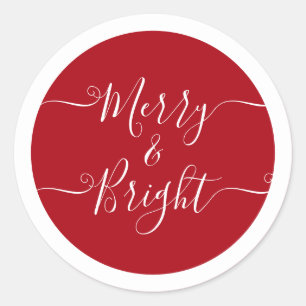 Merry en Bright   Modern Caligraphy Red Kerstmis Ronde Sticker
