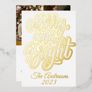 Merry en Bright   Moderne kerstfoto van Trendy Folie Feestdagenkaart