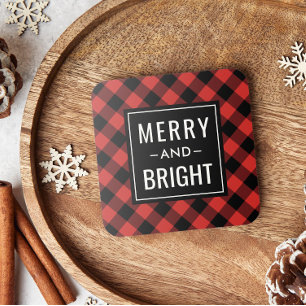 Merry en Bright Moderne Rode Buffalo Plaid Kerst Bier Onderzetter