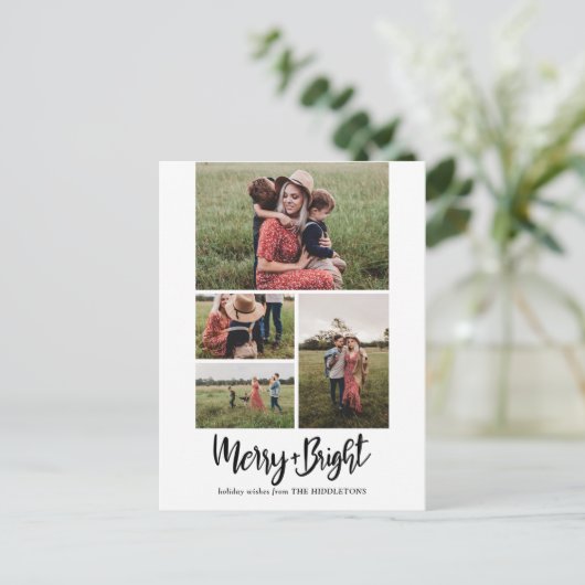Merry en Bright | Moderne script multi-foto Feestdagenkaart