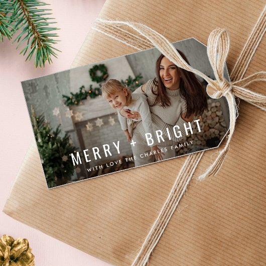 Merry en Bright | Moderne stijlvolle kerstfoto Cadeaulabel