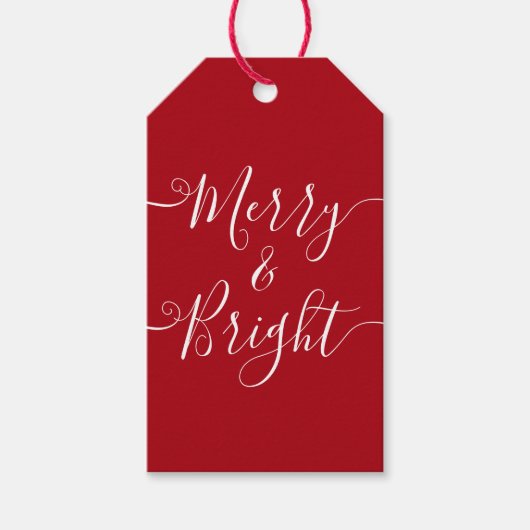 Merry en Bright | Moderne Typografie Red Kerstmis Cadeaulabel (Voorkant)