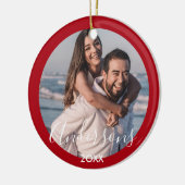 Merry en Bright | Moderne Typografie Red Kerstmis Keramisch Ornament (Links)