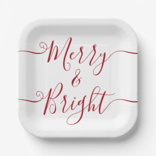 Merry en Bright   Moderne Typografie Red Kerstmis Papieren Bordje