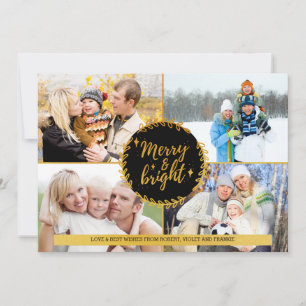Merry en BrightStor 4 Photo Collage Black en Gold Feestdagenkaart