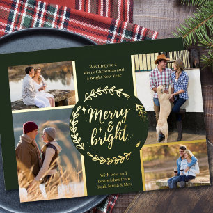 Merry en BrightStor 4 Photo Collage Green en Gold Folie Feestdagenkaart