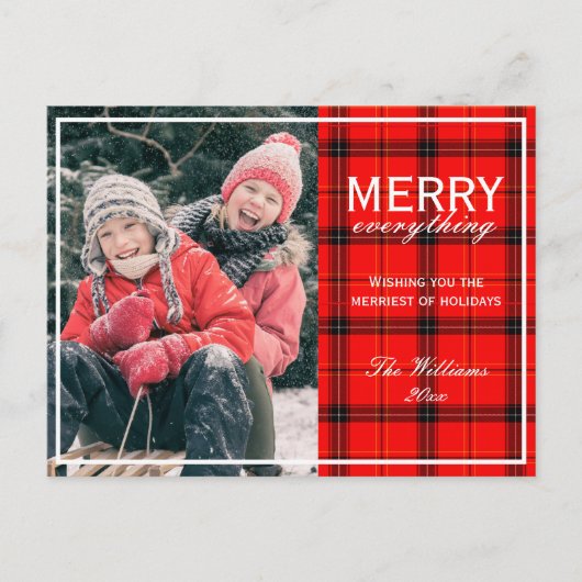 Merry Everything Red Plaid Familiefoto Kerst Feestdagenkaart (Voorkant)