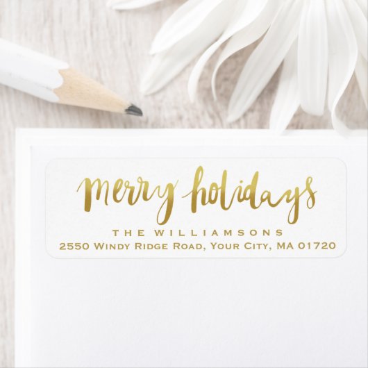 Merry Feestdagen Elegant Gold Script Custom Wit Etiket (Insitu)