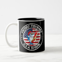 Merry Fishmas USA Flag Grote Witte Haai Tweekleurige Koffiemok