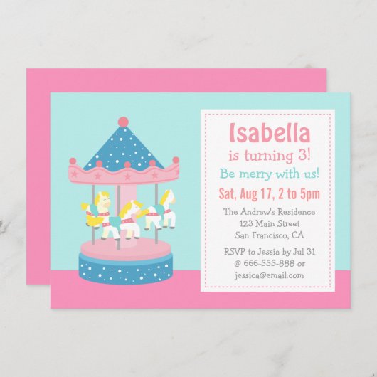 Merry Go Round, Carousel Birthday Party Invitation (Devant / Derrière)