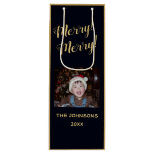 Merry! ~ Gold kerstboom ~ Familiefoto Wijn Cadeautas