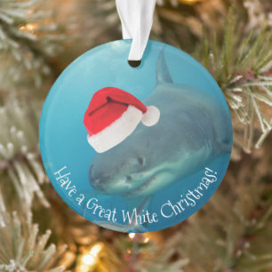 Merry Great White KerstShark Santa Hat Funny Ornament