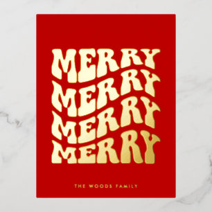 Merry Groovy Wavy Red Typography Christmas Gold Folie Feestdagen Briefkaart