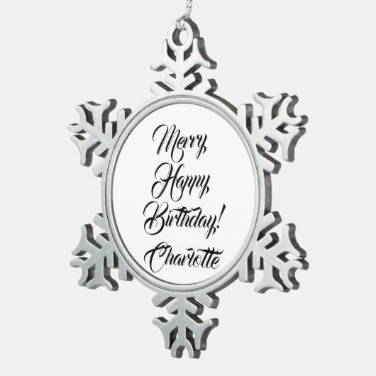 Merry Happy Birthday aangepaste script elegant Tin Sneeuwvlok Ornament (Rechts)