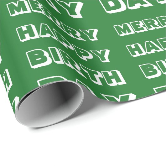 Merry Happy Birthday green white modern kerst Cadeaupapier (Rol Hoek)